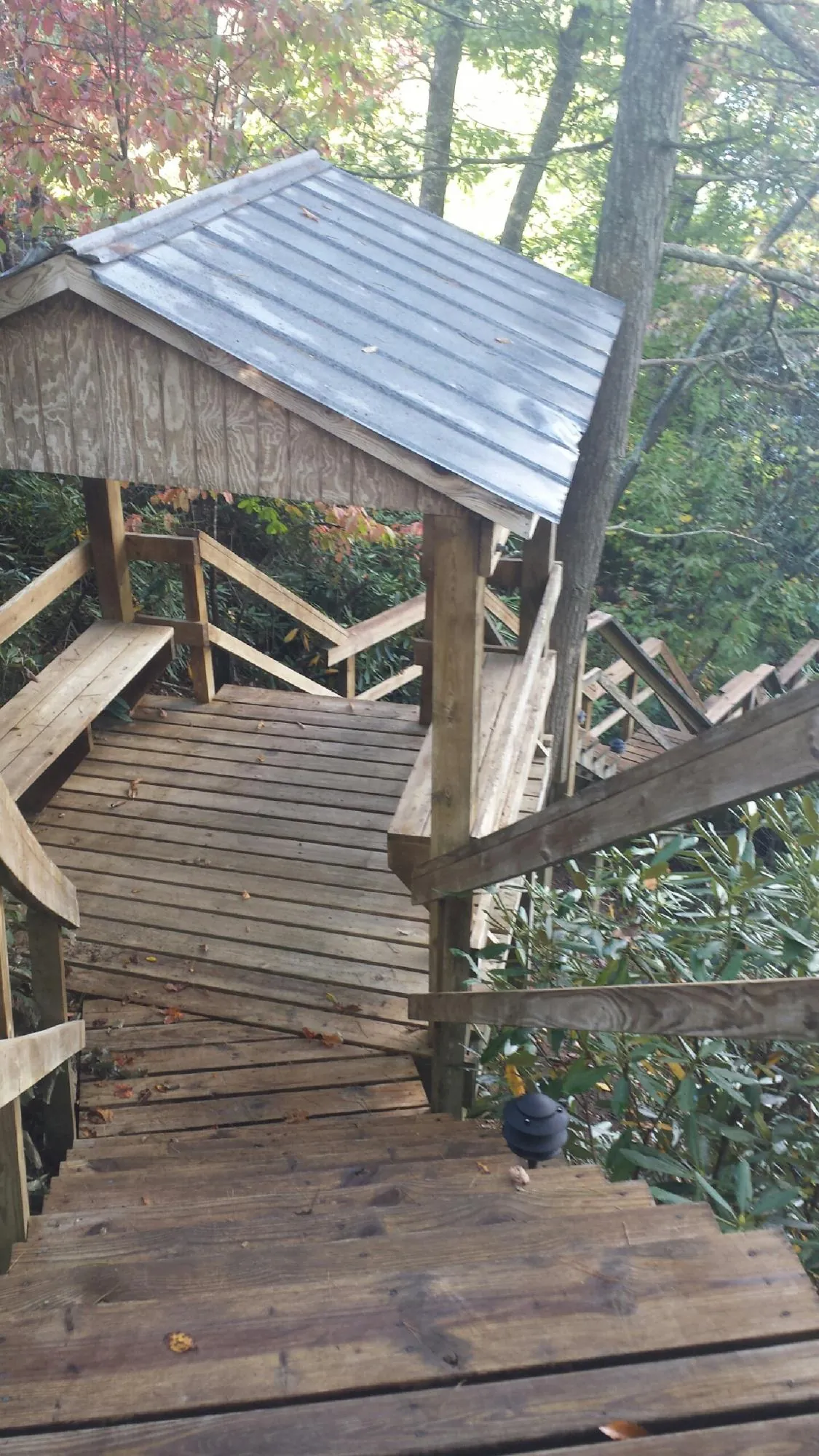 Metal roofed shelter over wooden steps on a wooded walkway — Skylight Repair & Installation work by our crew in La Vernia